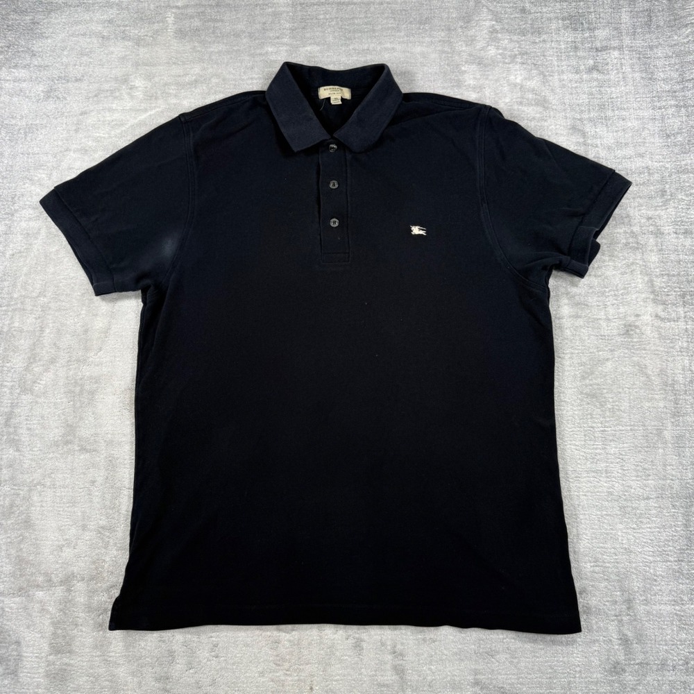Burberry London Shirt Mens XL Black Slim Fit Polo Embroidered Check Placket
